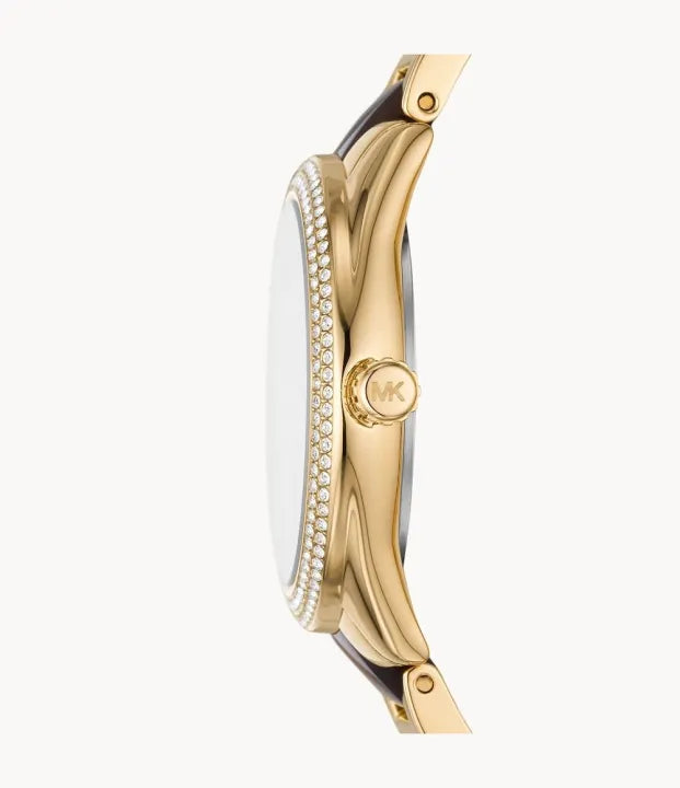 Side profile of Michael Kors Janelle MK7133 two-tone acetate and stainless steel bracelet watch