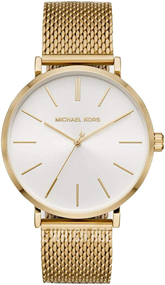 Michael Kors Auden MK7150 women's white dial gold mesh strap watch front view