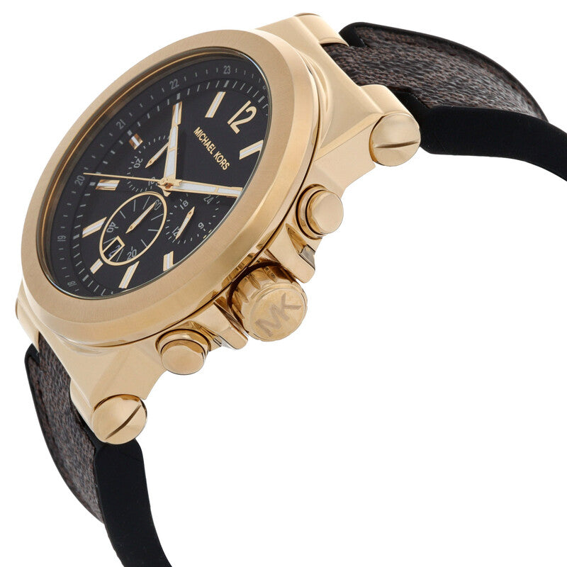 Close-up of Michael Kors MK8904 black chronograph dial with gold-tone case