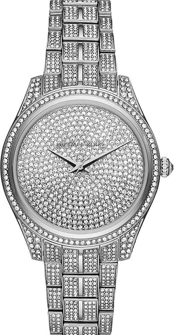 Silver dial front view of Michael Kors Lauryn Pave MK3717 women's stainless steel watch