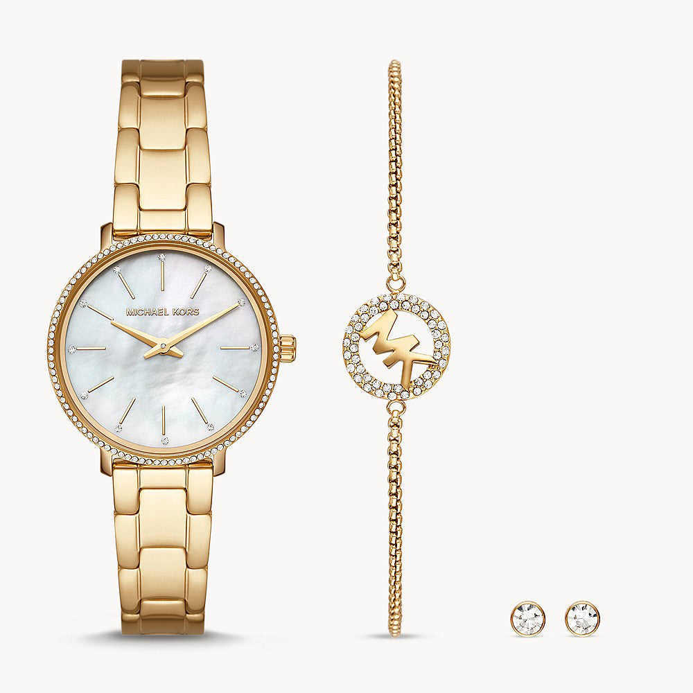 Michael Kors Pyper Gift Set MK1065 women's mother-of-pearl dial gold-tone stainless steel watch front view