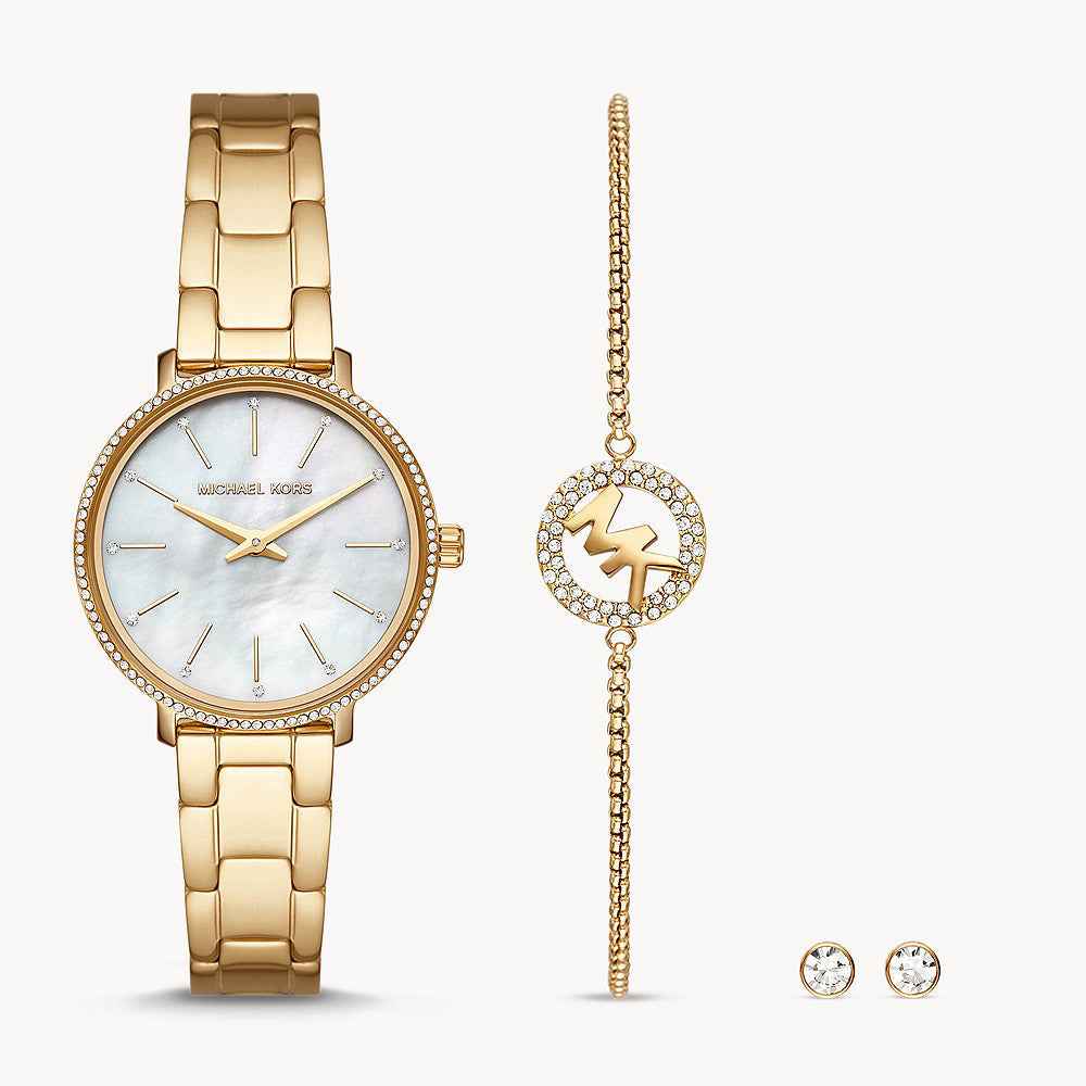 Michael Kors Pyper Gift Set MK1065 Women's Mother-of-Pearl Dial Gold-Tone Stainless Steel Watch
