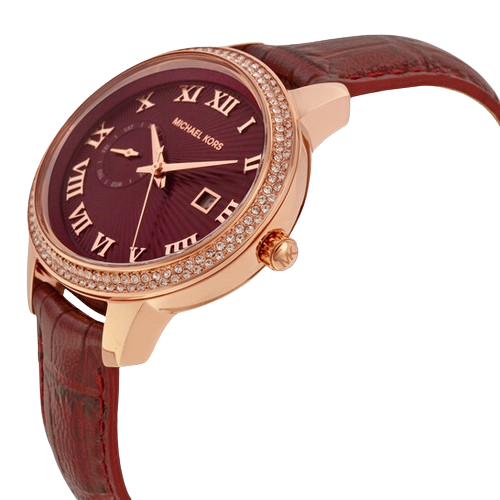 Side profile of Michael Kors Whitley MK2430 rose gold-tone case and burgundy leather strap