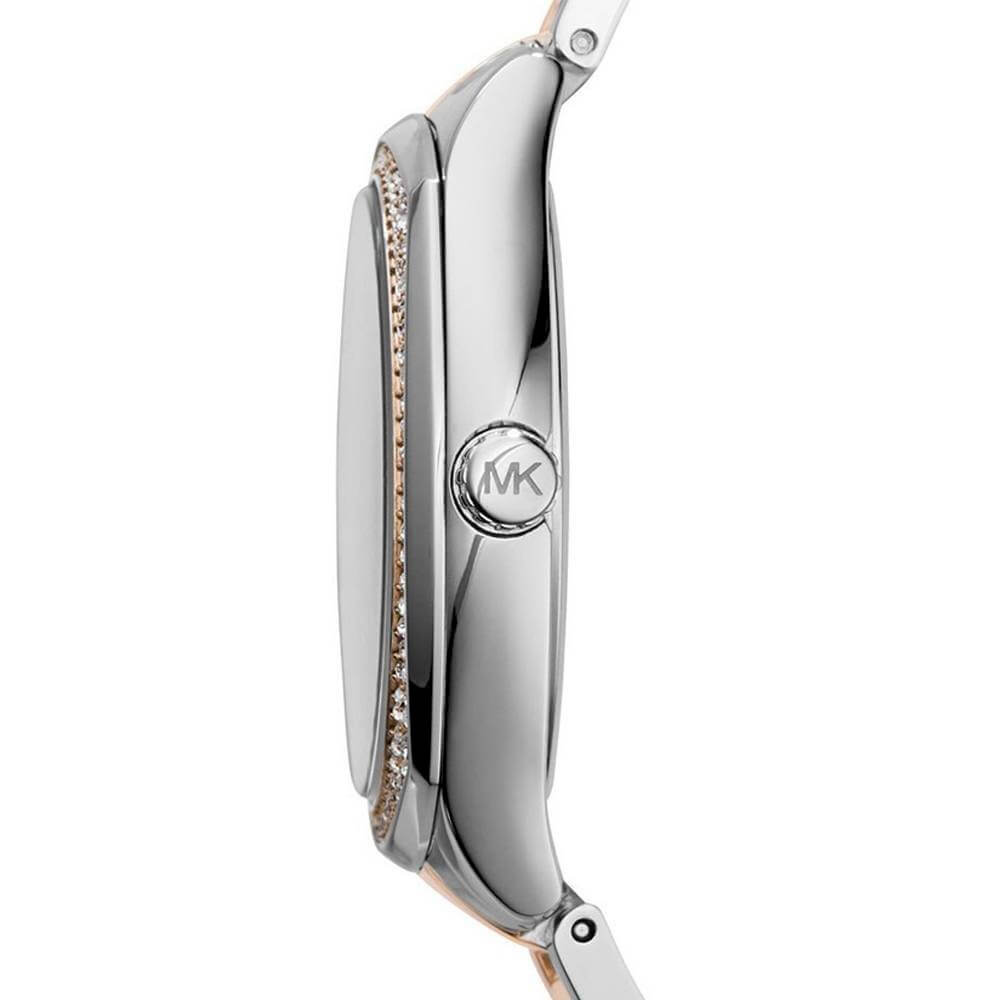 Side profile of Michael Kors Bryn MK6136 two-tone stainless steel bracelet watch