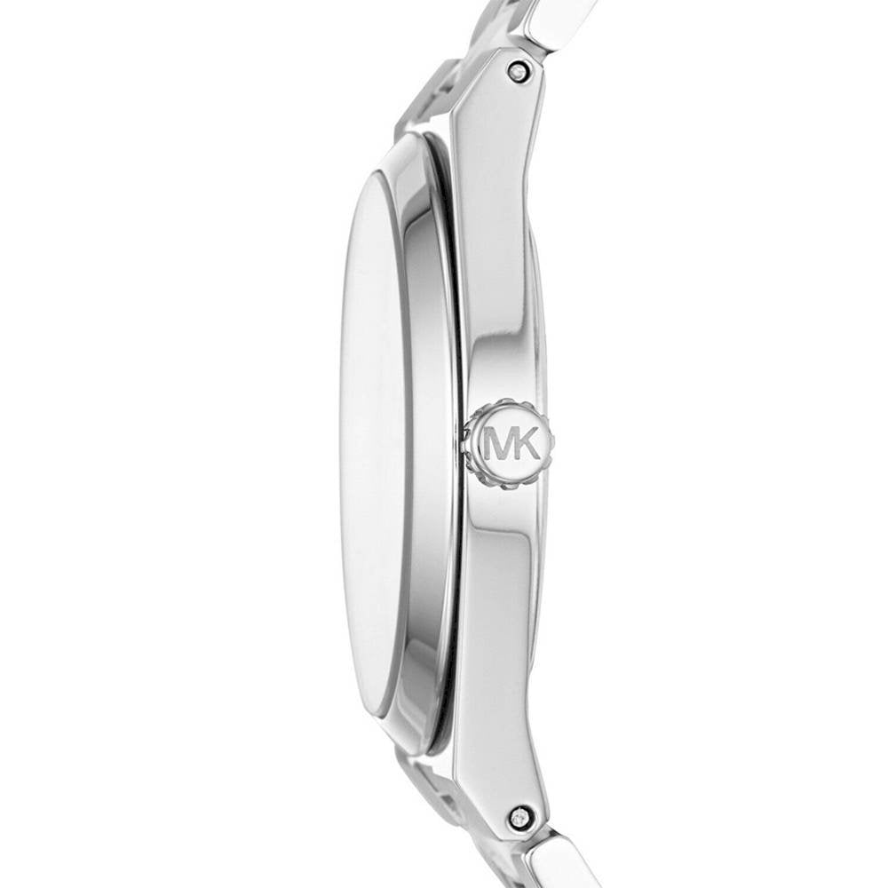 Side view of Michael Kors Channing MK6649 two-tone bracelet with gray cloud acetate center links