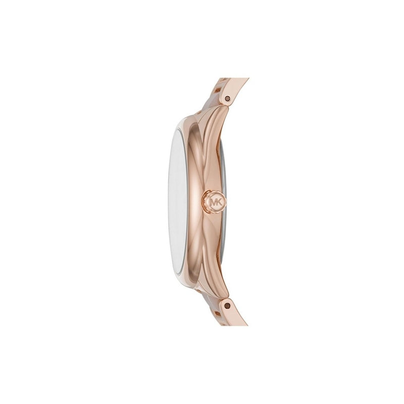 Side profile of Michael Kors Janelle MK7135 rose gold stainless steel bracelet watch