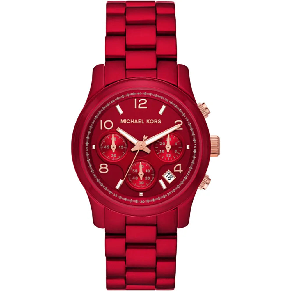 Michael Kors Runway MK7436 women's red dial stainless steel watch front view