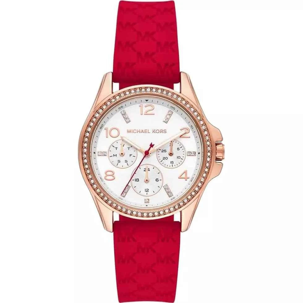 Michael Kors Pilot MKO1005 Women's Rose Gold & Red Silicone Watch 36mm