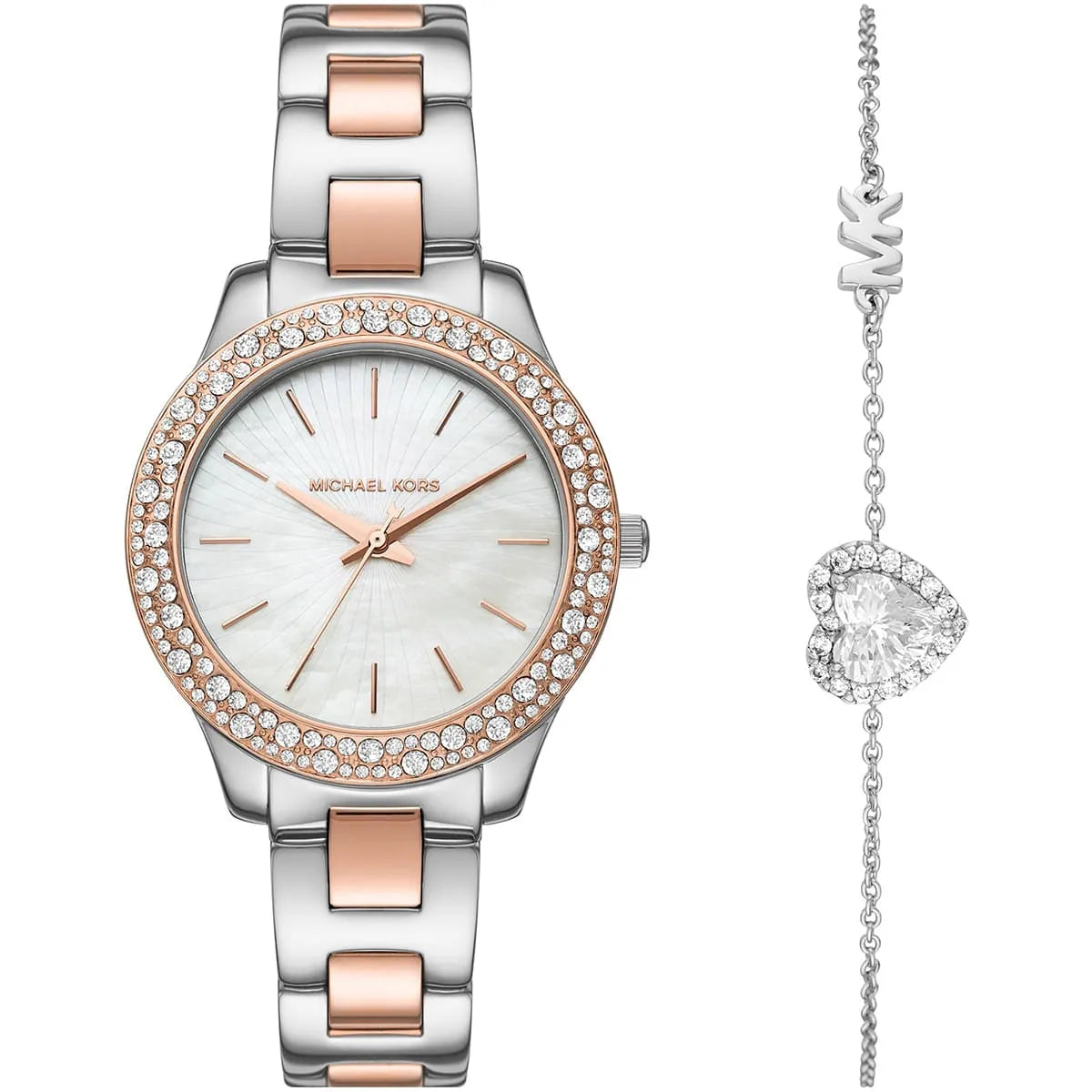 Michael Kors Liliane Gift Set MK1048 women's mother-of-pearl dial two-tone stainless steel watch front view
