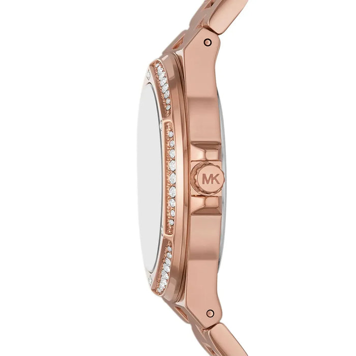 Side profile of Michael Kors Lennox MK1063 rose gold-tone stainless steel bracelet watch