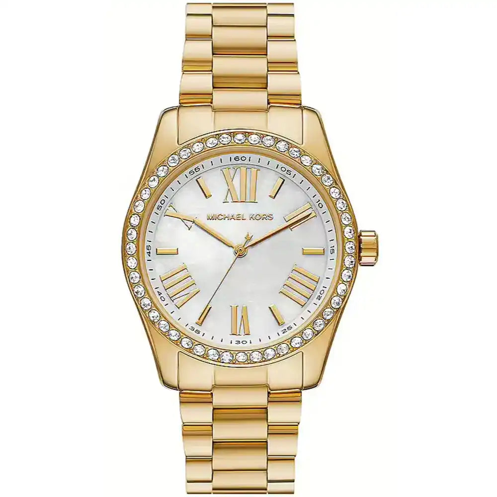 Michael Kors Lexington Gift Set MK1079SET women's mother-of-pearl dial gold-tone stainless steel watch front view