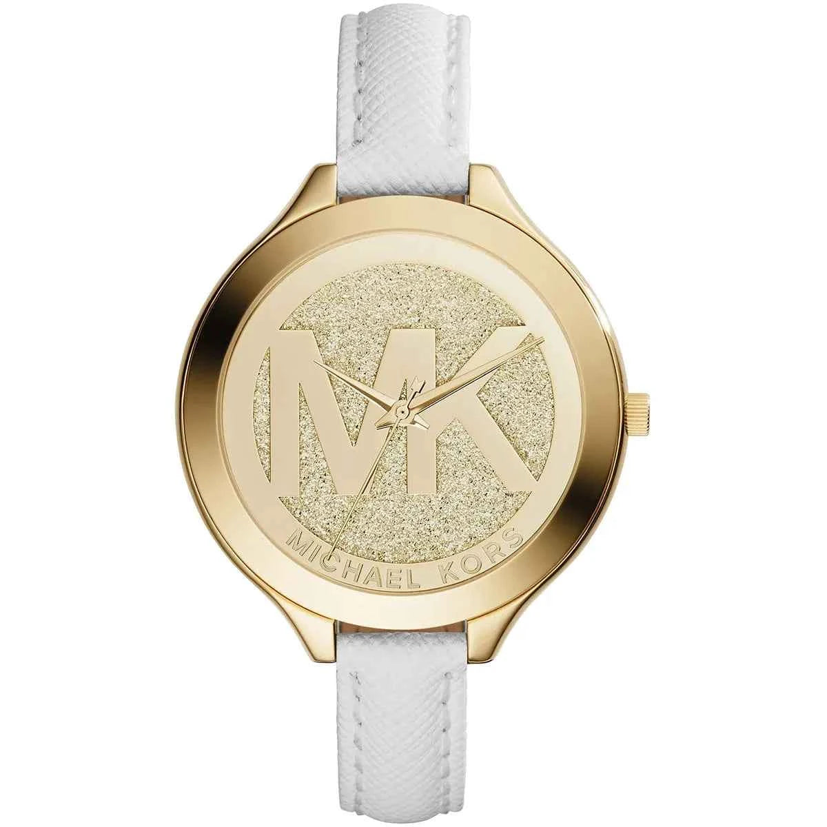 Michael Kors Runway Slim MK2389 Women's Gold Dial White Leather Watch