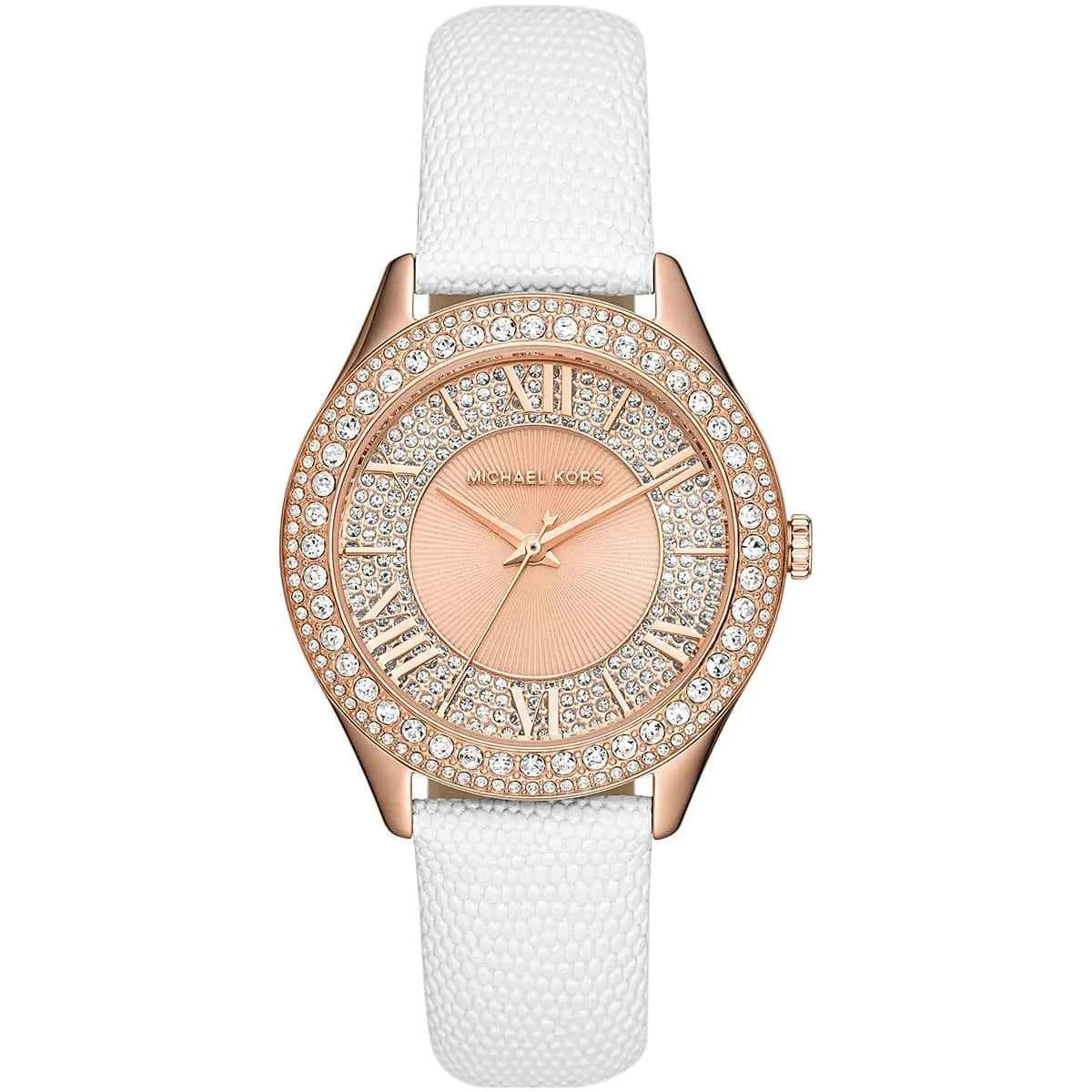 Michael Kors Harlowe MK2989 Women's Rose Gold Dial White Leather Watch