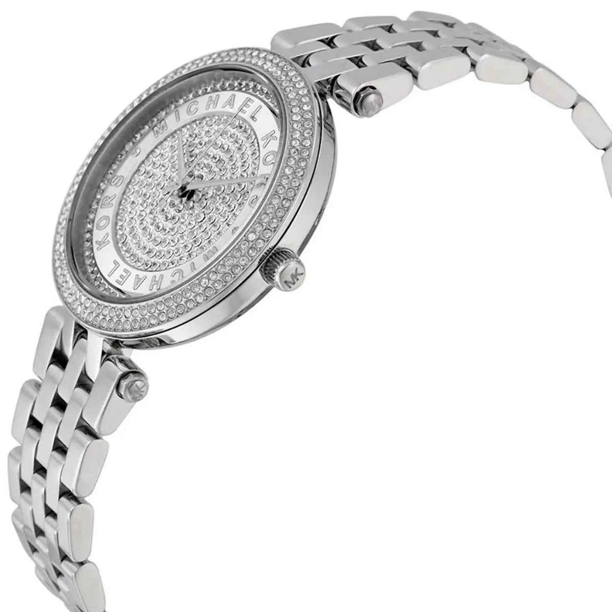 Close-up view of Michael Kors MK3476 silver analog dial with elegant markers