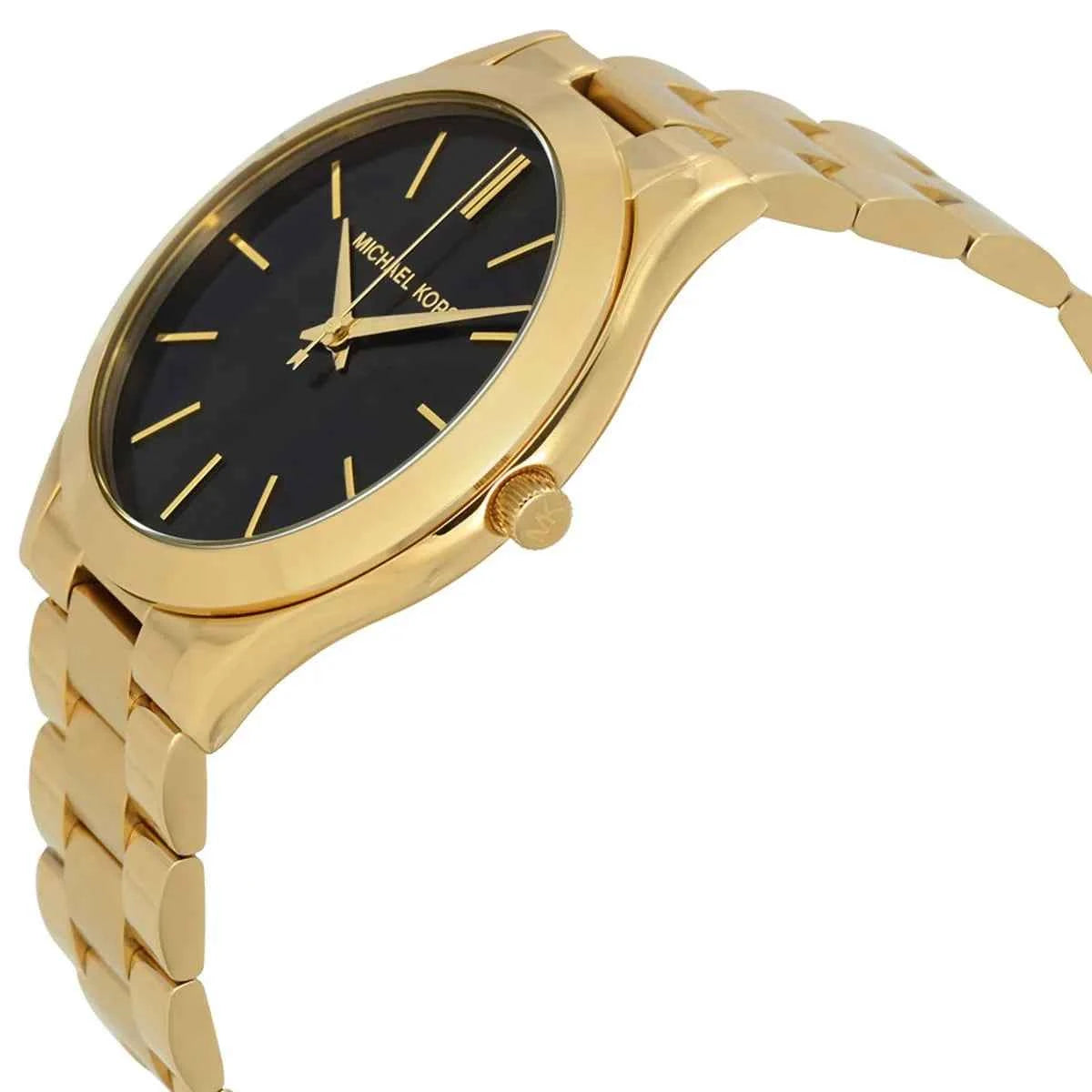 Close-up view of Michael Kors MK3478 black analog dial with minimalist markers