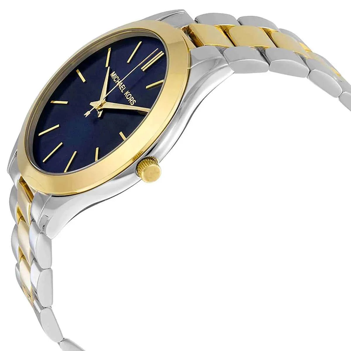 Close-up view of Michael Kors MK3479 blue analog dial with minimalist markers