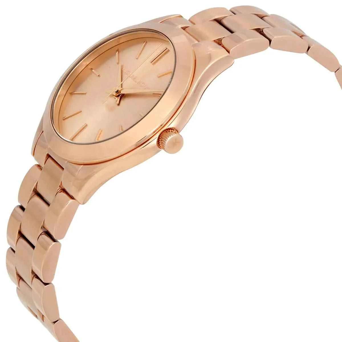 Close-up view of Michael Kors MK3513 rose gold analog dial with minimalist markers