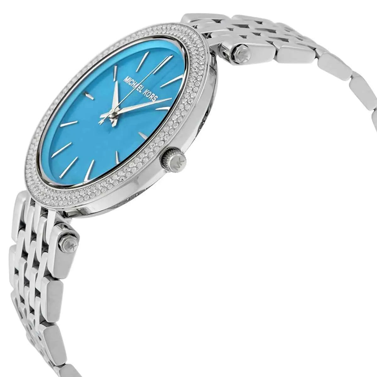 Close-up view of Michael Kors MK3515 blue analog dial with elegant markers