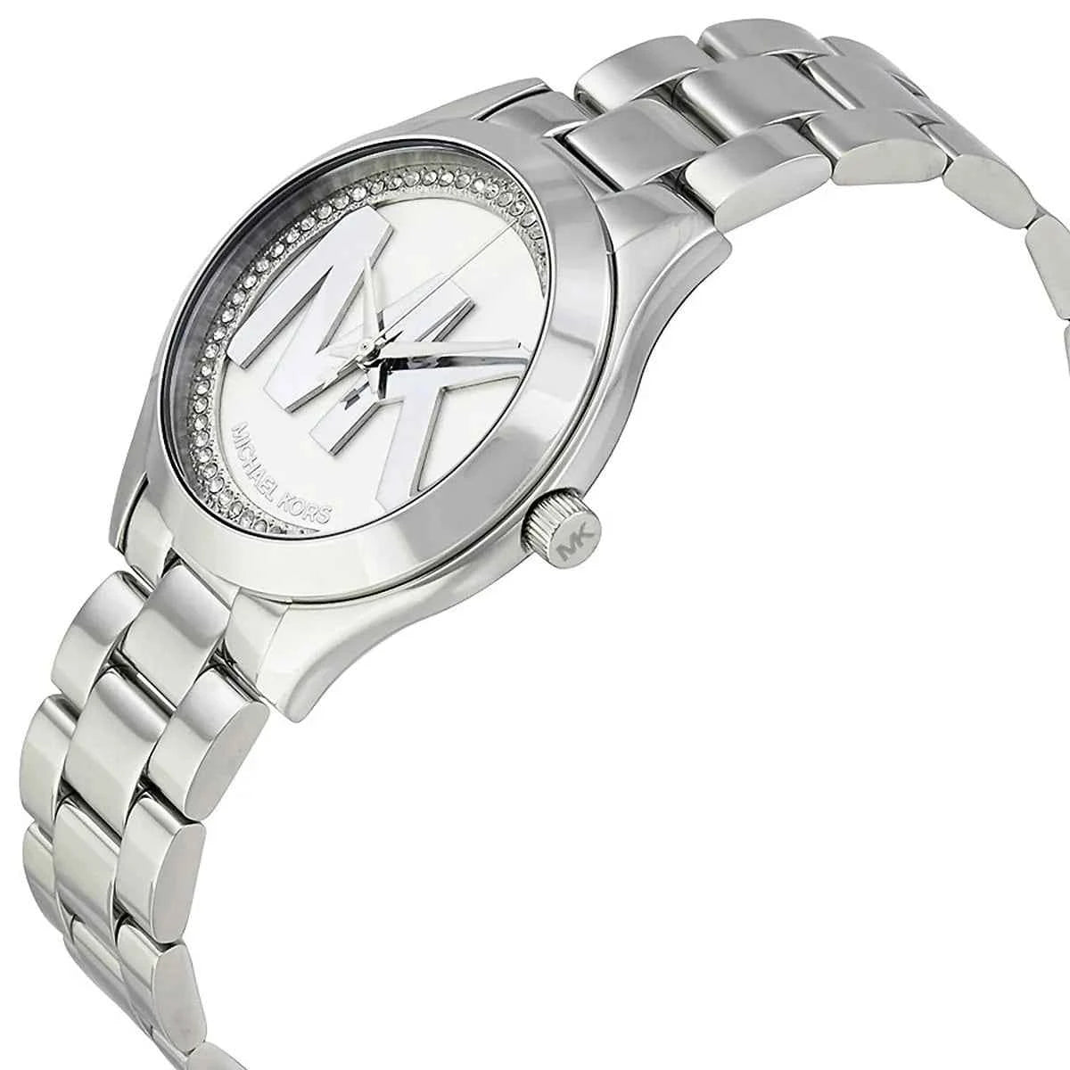 Close-up view of Michael Kors MK3548 silver analog dial with minimalist markers
