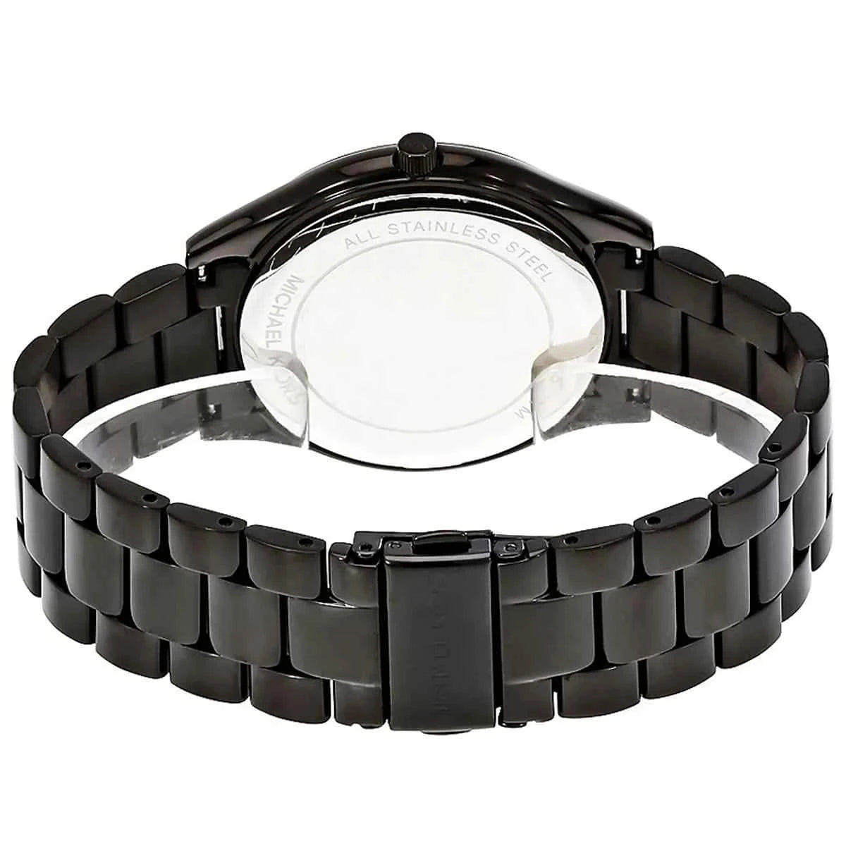 Back view of Michael Kors MK3589 quartz watch with black stainless steel case
