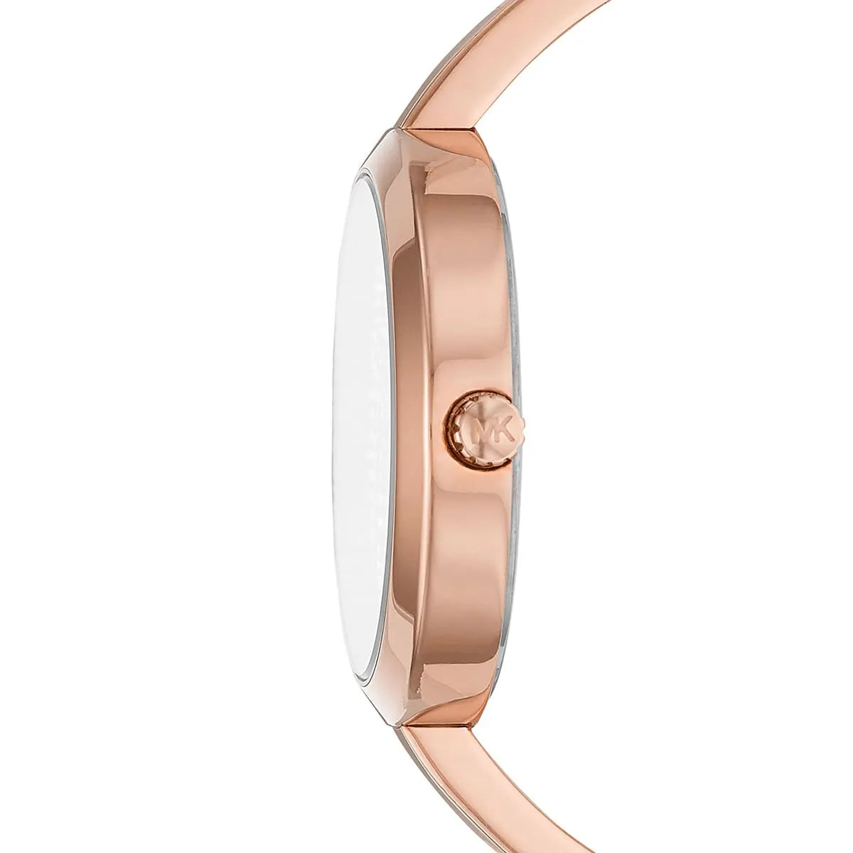 Side view of Michael Kors Blakely MK3631 women's rose gold stainless steel bracelet watch