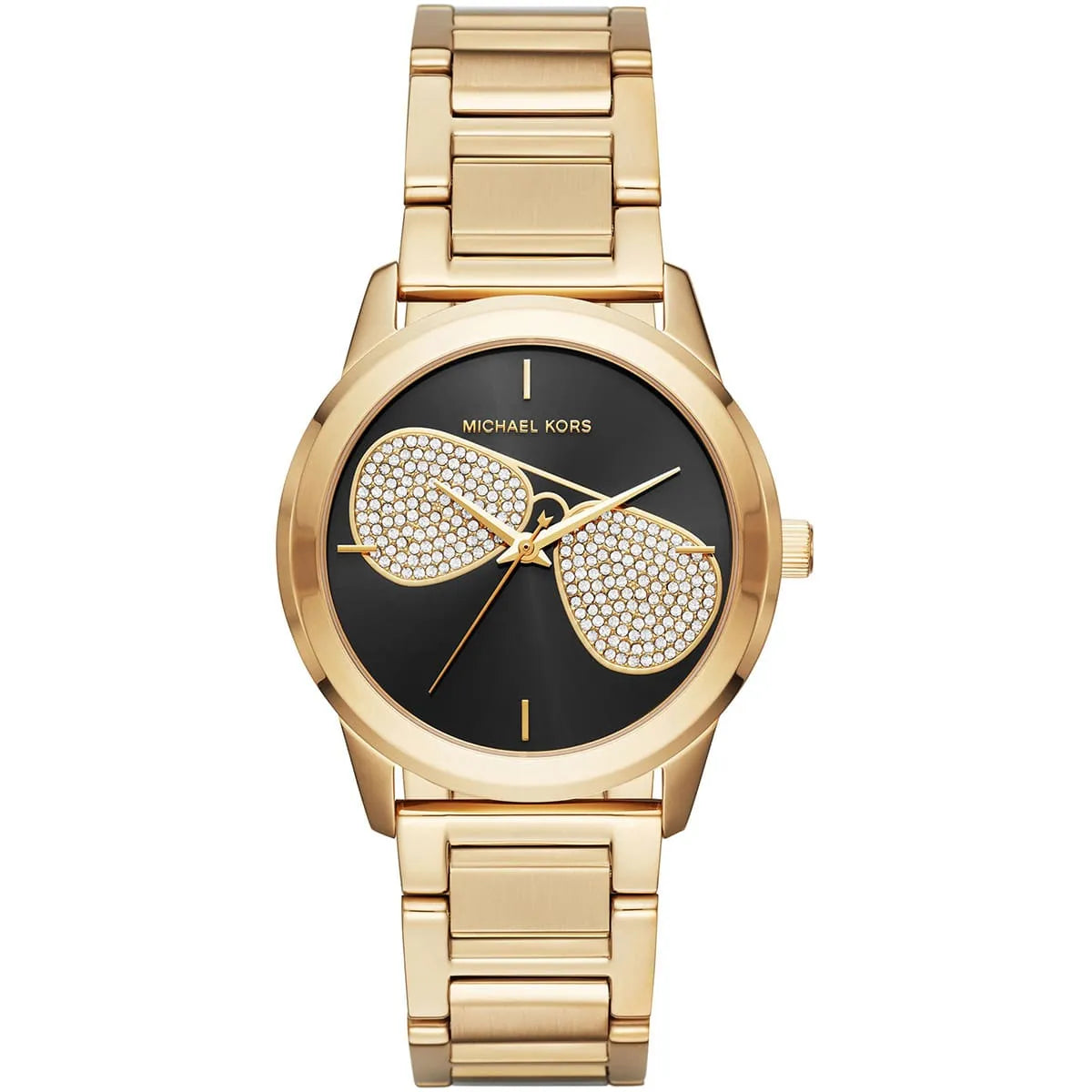 Black dial front view of Michael Kors Hartman MK3647 women's gold stainless steel watch