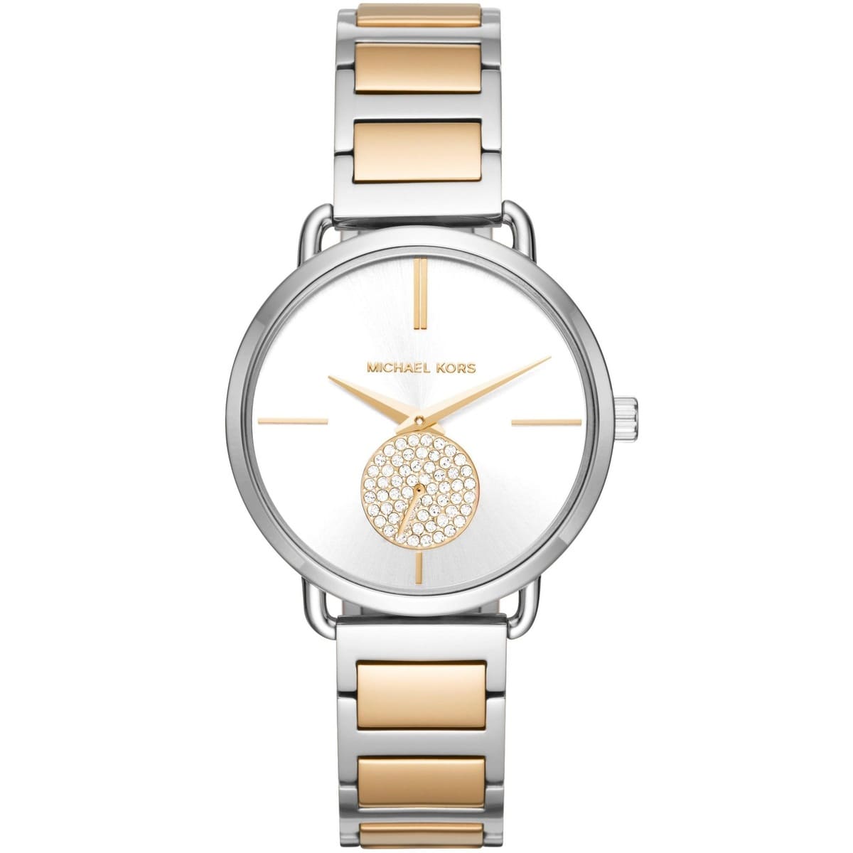 Silver dial front view of Michael Kors Portia MK3679 women's two tone stainless steel watch