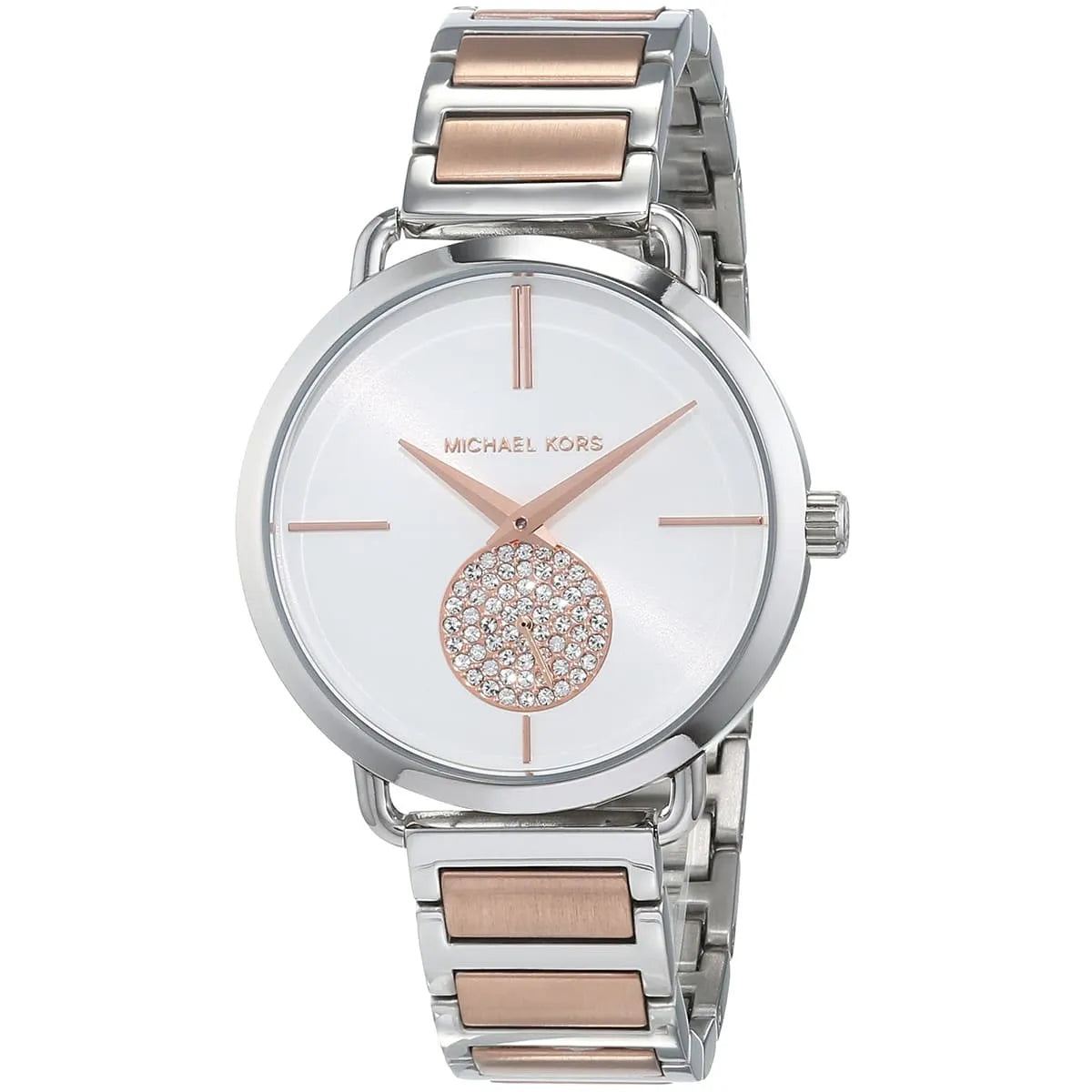 Close-up of Michael Kors MK3709 silver analog dial with elegant details