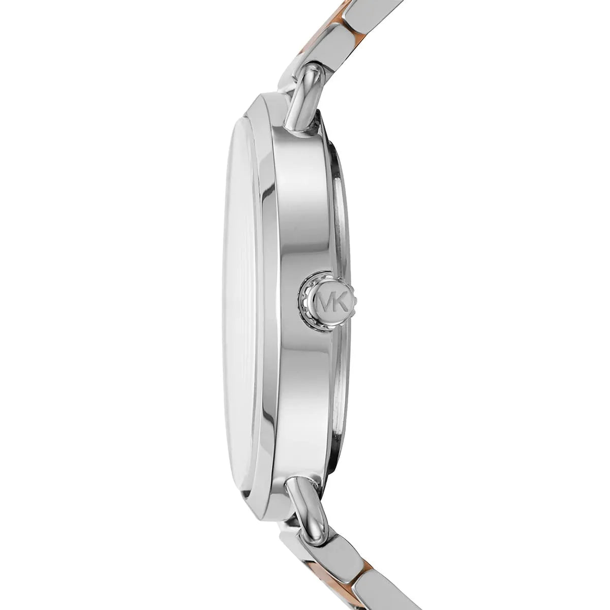 Side profile of Michael Kors Portia MK3709 silver and rose gold stainless steel watch