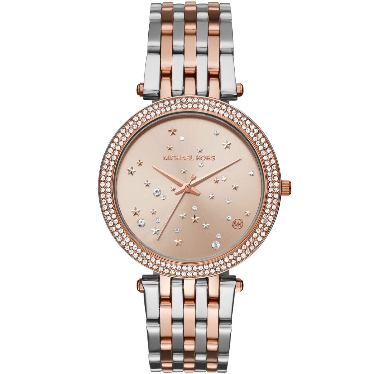 Front view of Michael Kors Darci MK3726 women's silver and rose gold stainless steel watch