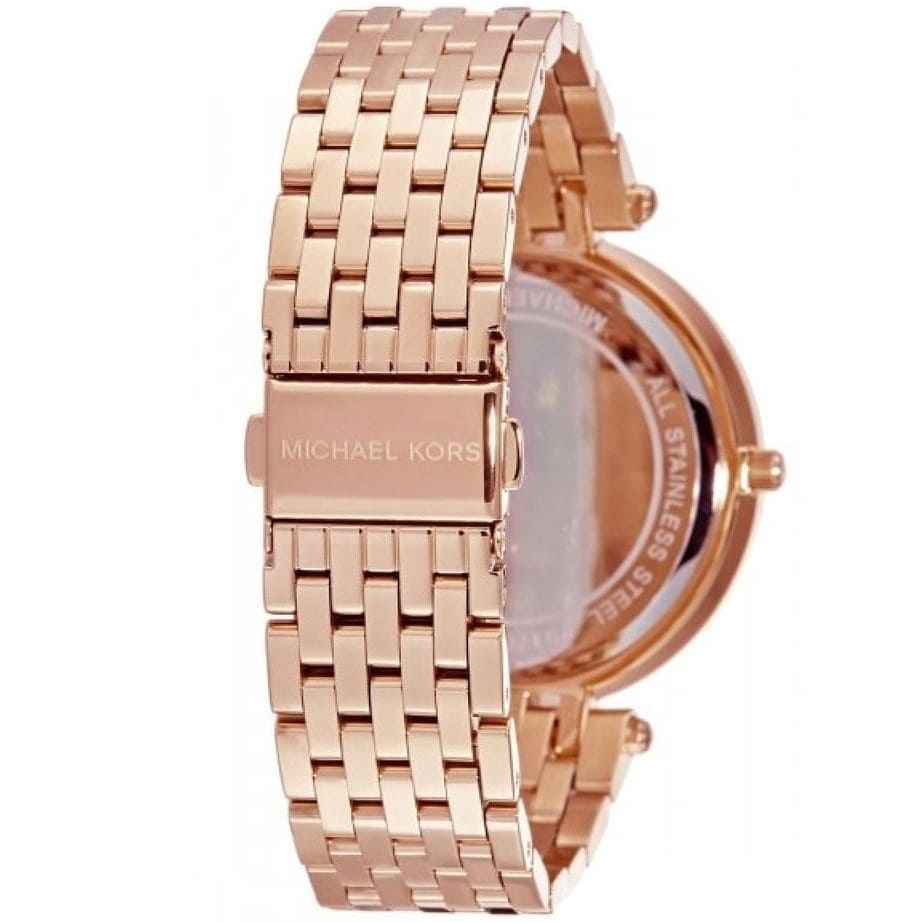 Back view of Michael Kors MK3728 quartz watch with rose gold stainless steel case