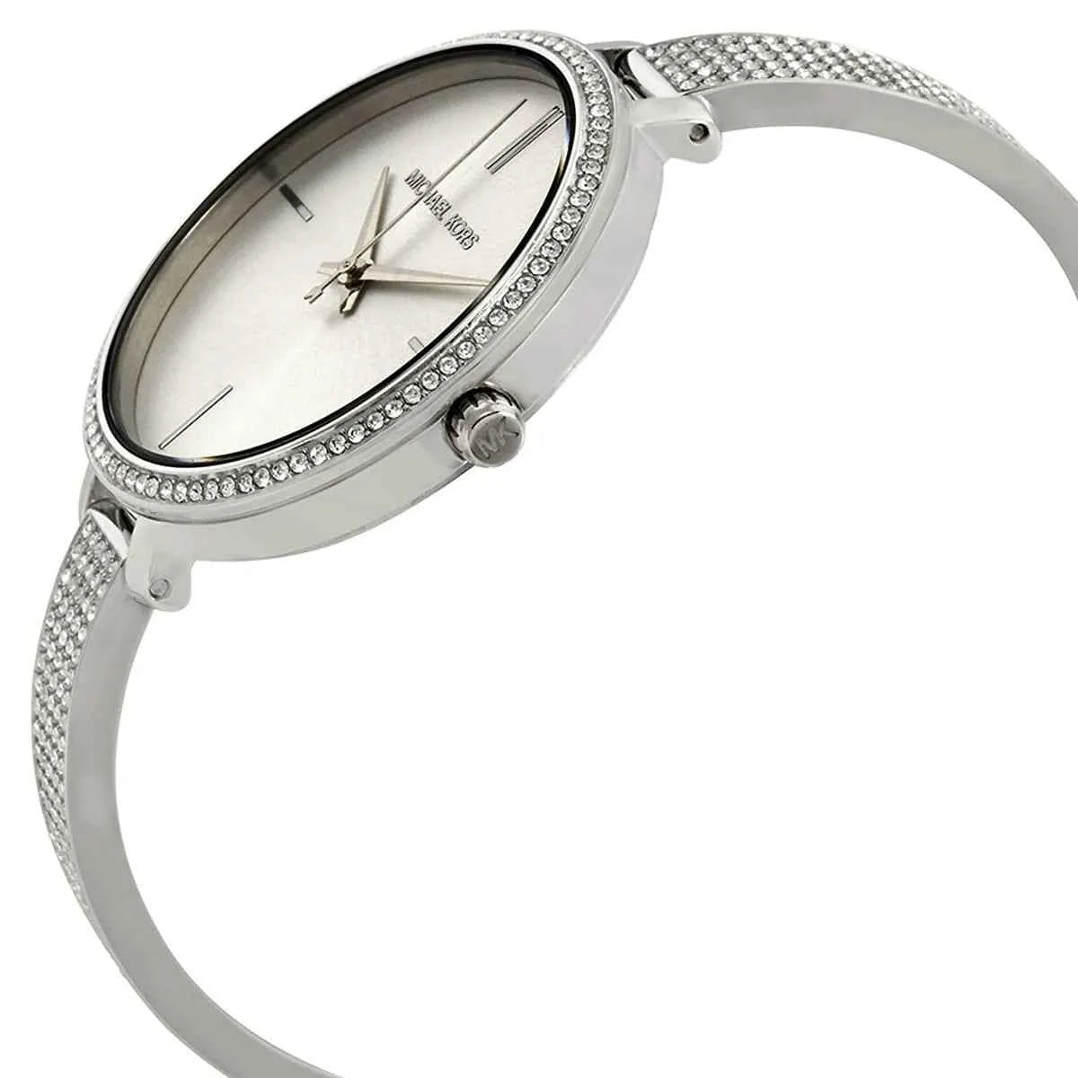 Close-up view of Michael Kors MK3783 silver analog dial with elegant hour markers