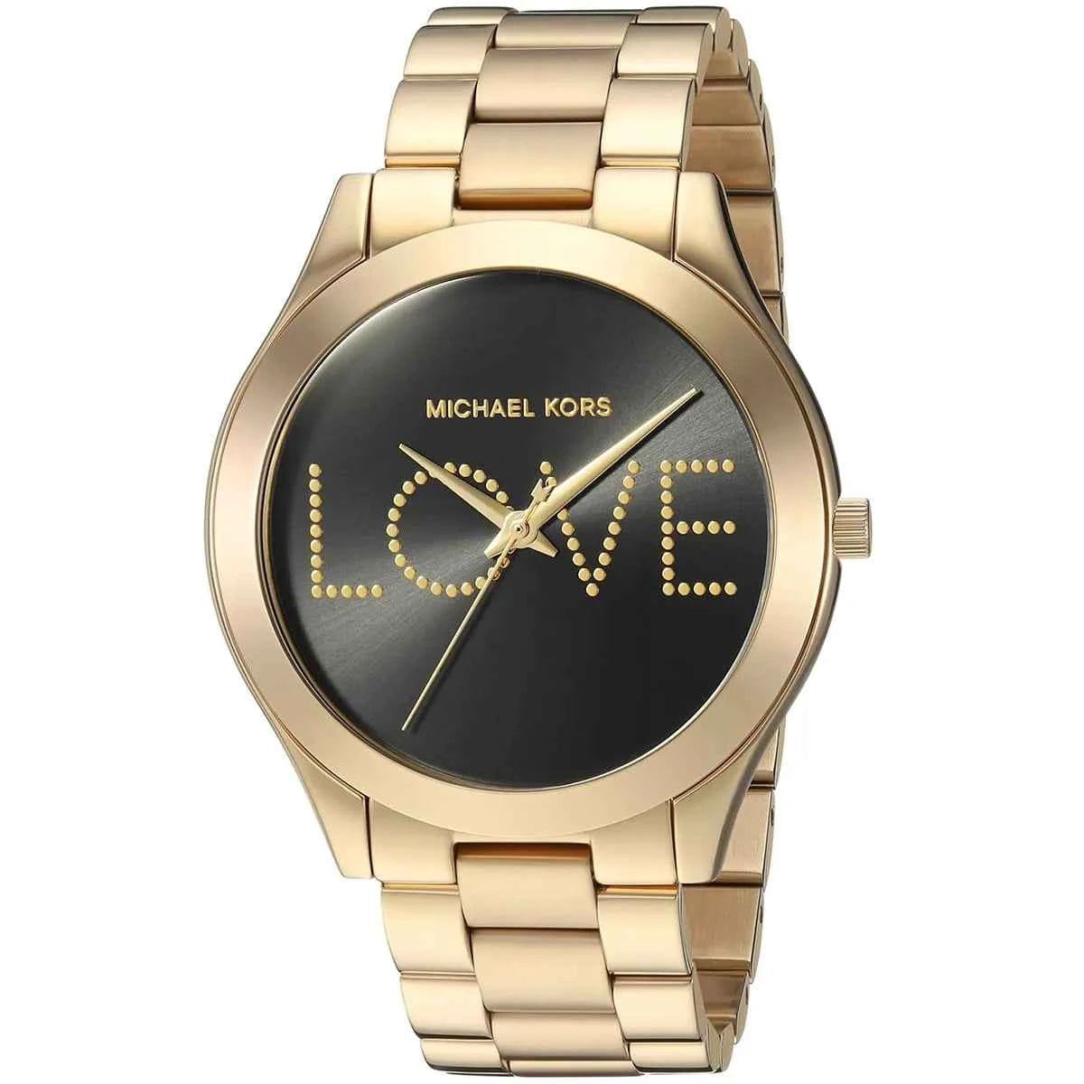 Close-up view of Michael Kors MK3803 black analog dial with elegant hour markers