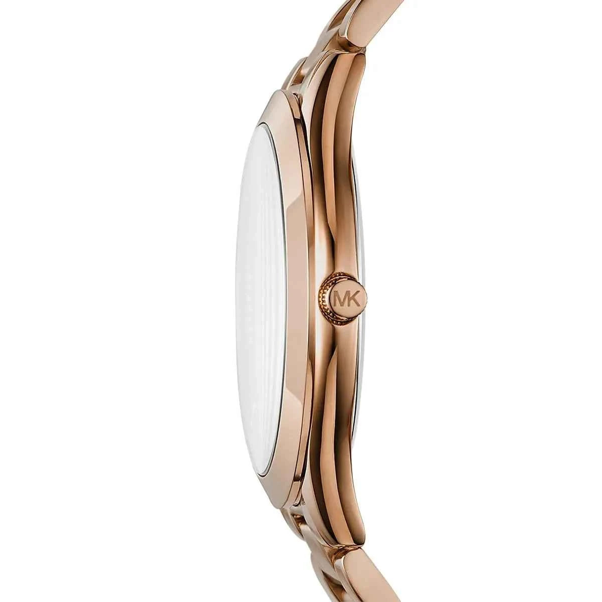 Back view of Michael Kors MK3804 quartz watch with rose gold stainless steel case