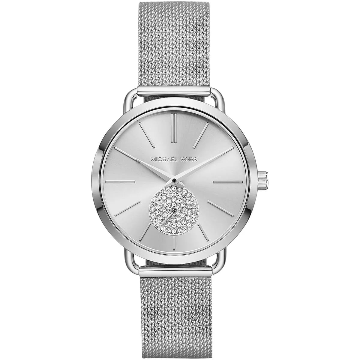 Silver front view of Michael Kors Portia MK3843 women's stainless steel watch