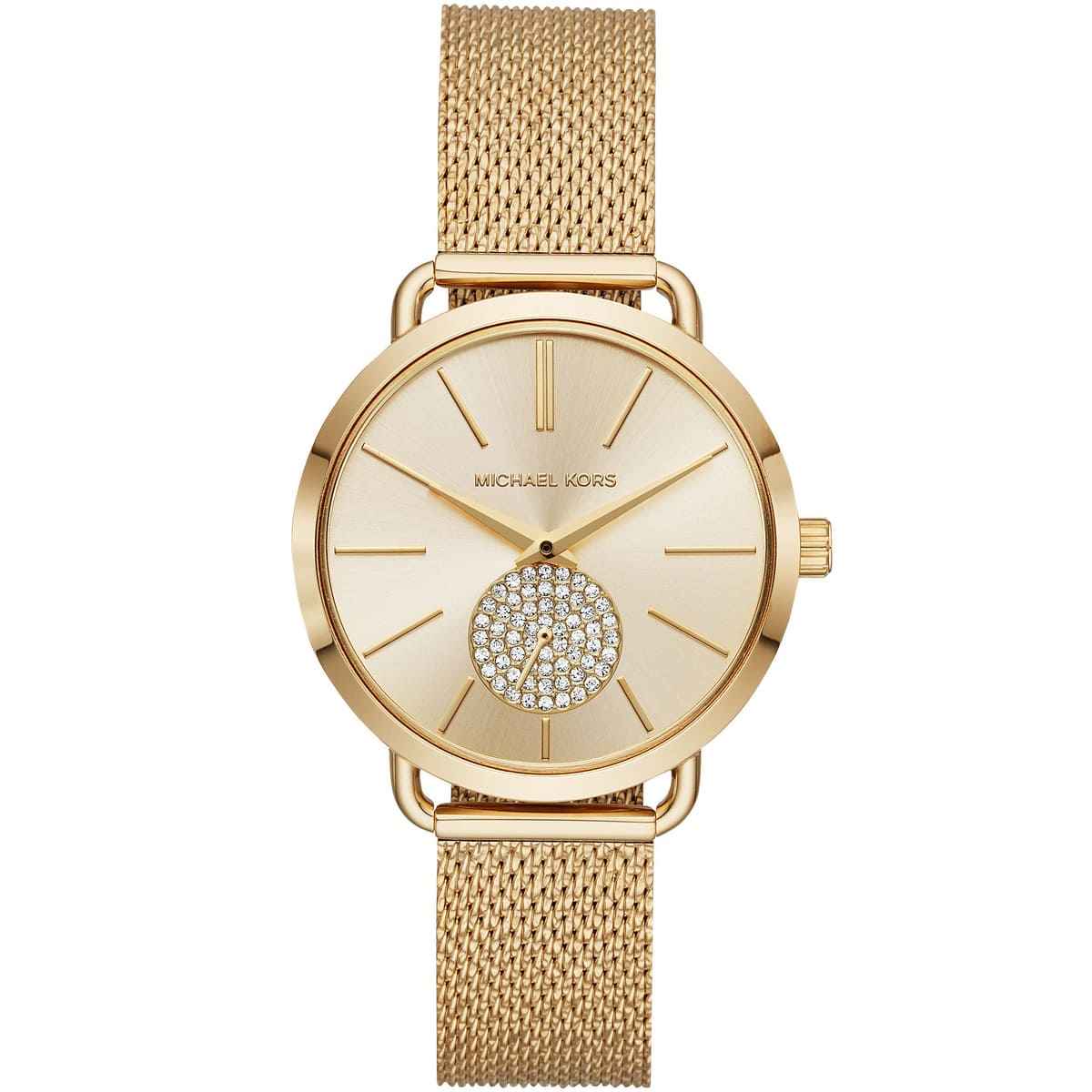 Gold front view of Michael Kors Portia MK3844 women's stainless steel watch