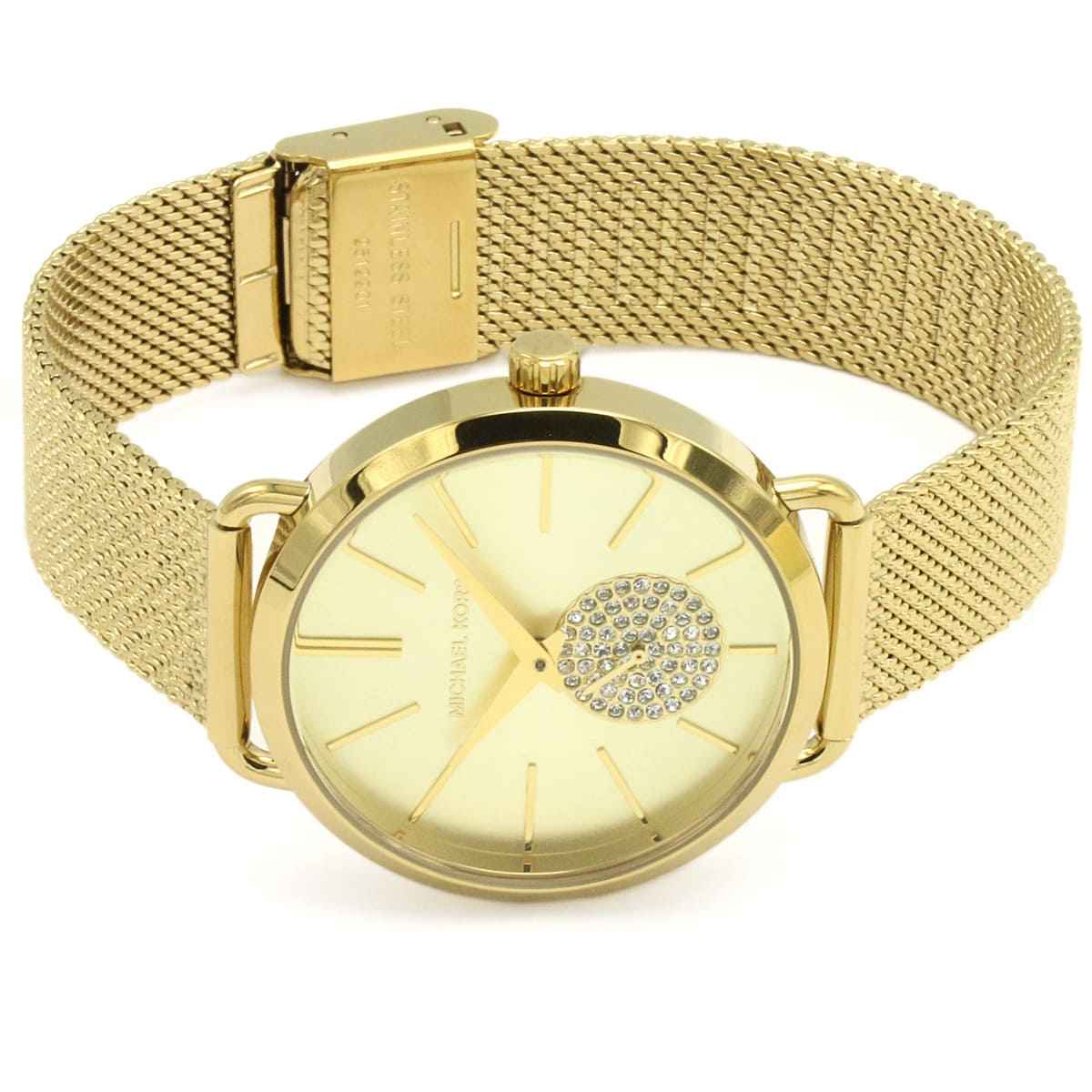 Close-up view of Michael Kors MK3844 gold analog dial with elegant hour markers