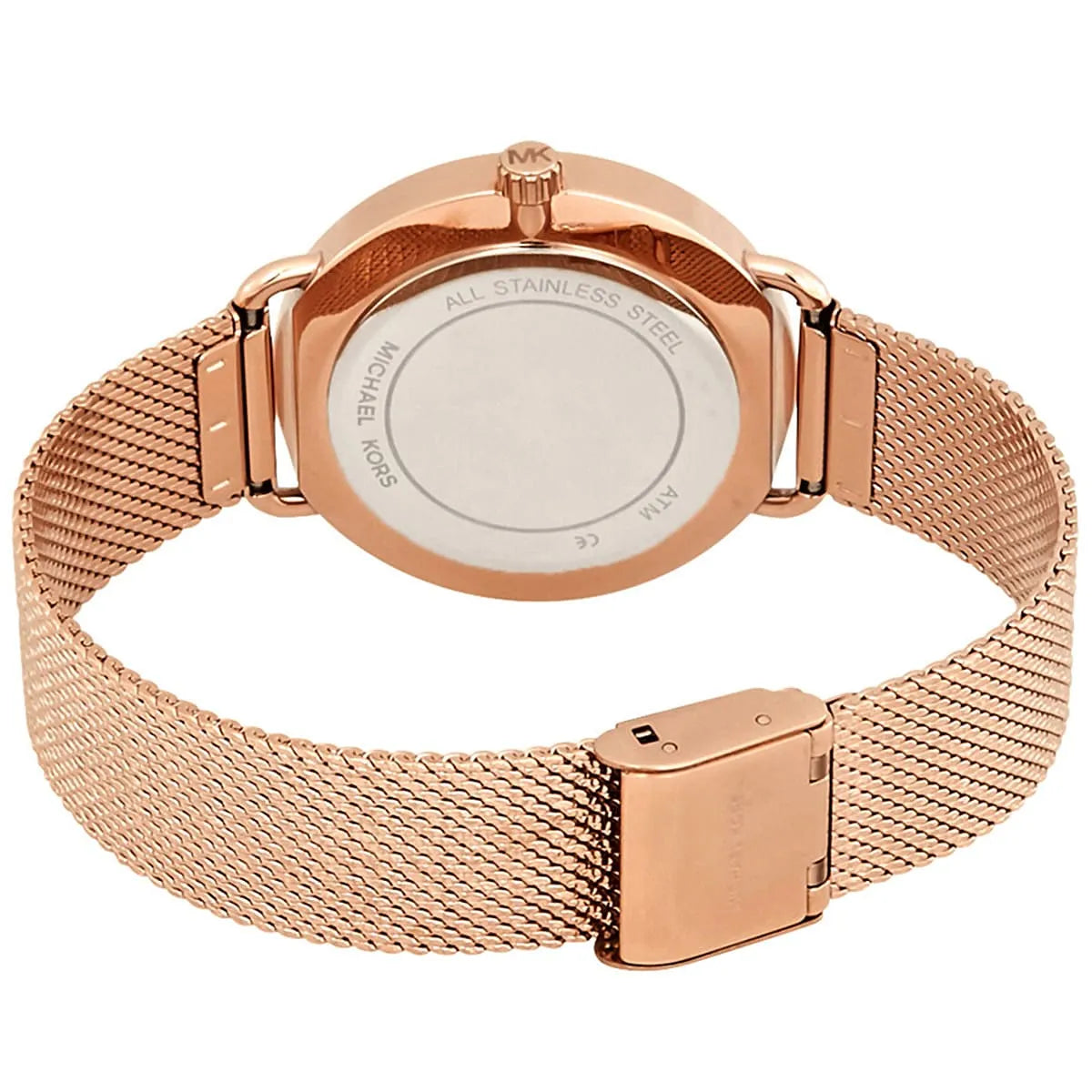 Back view of Michael Kors MK3845 quartz watch with rose gold stainless steel case