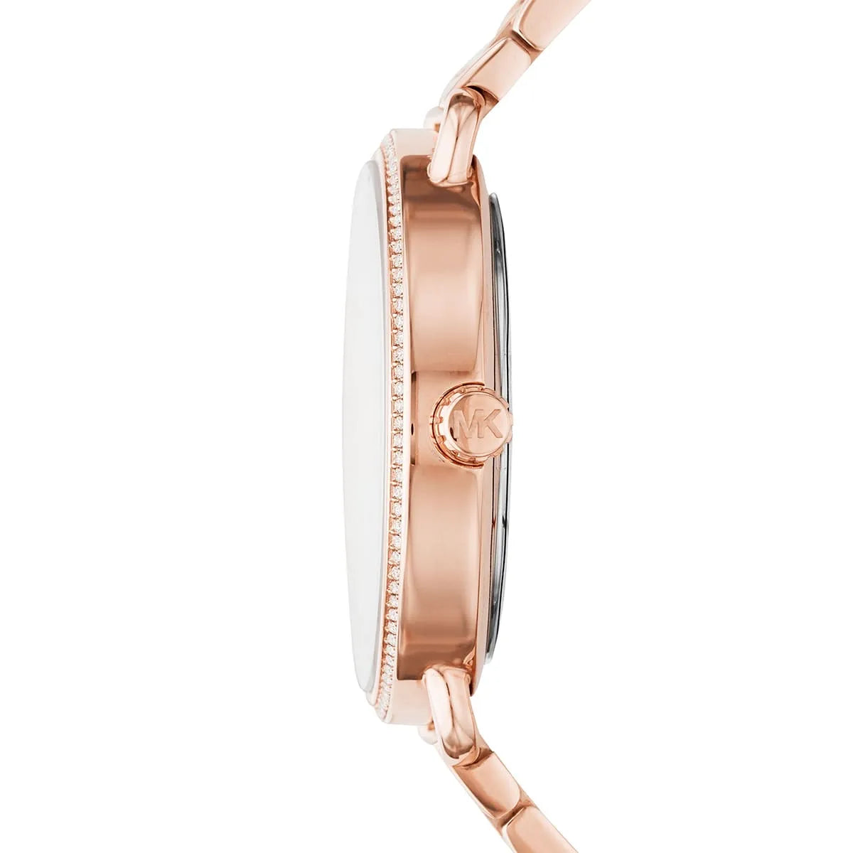 Side profile of Michael Kors Portia MK3887 rose gold stainless steel women's watch