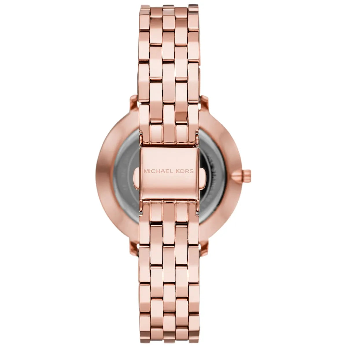 Back view of Michael Kors MK3897 quartz watch with rose gold stainless steel case