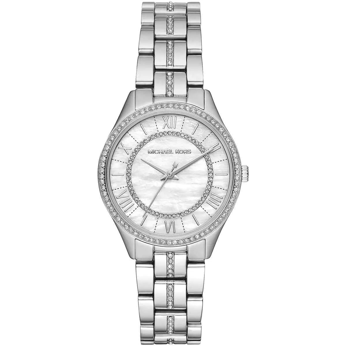 Silver front view of Michael Kors Lauryn MK3900 women's stainless steel watch