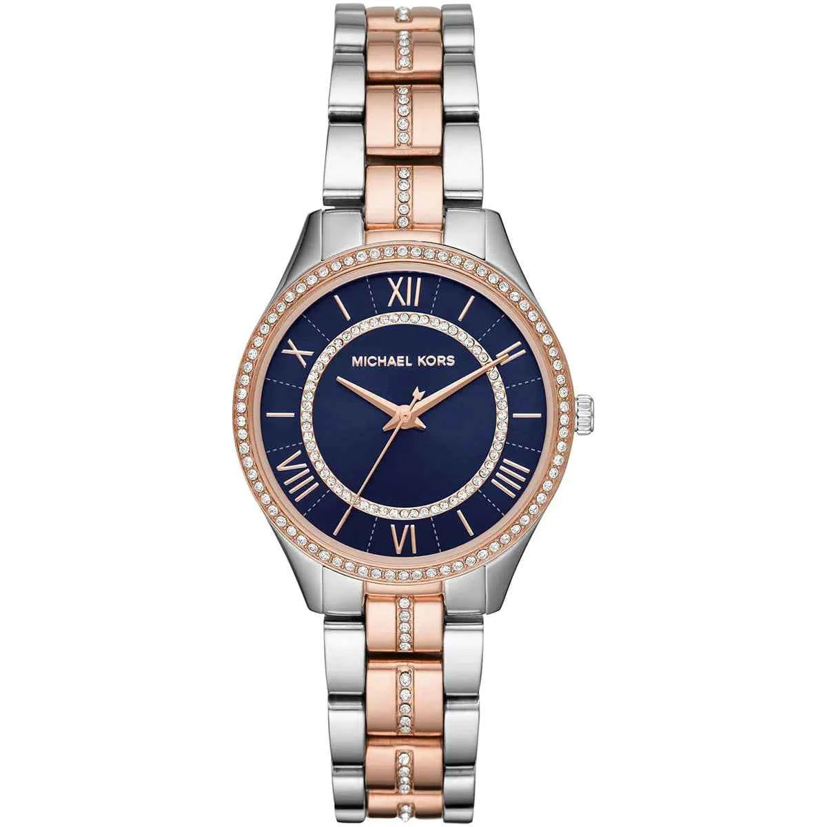 Front view of Michael Kors Lauryn MK3929 women's silver and rose gold stainless steel watch