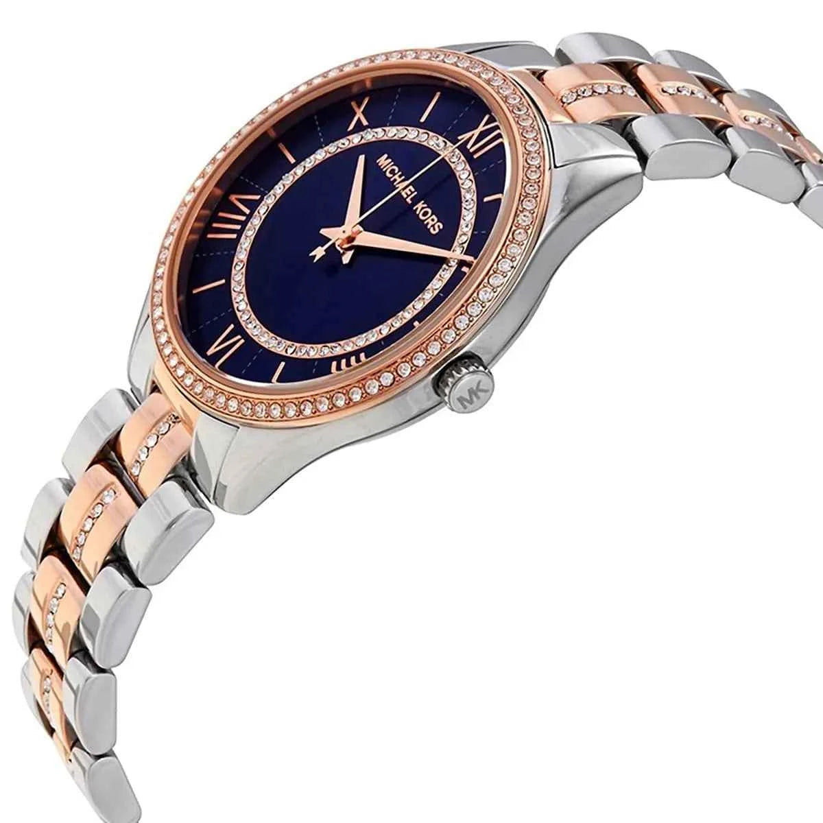 Close-up view of Michael Kors MK3929 blue analog dial with elegant hour markers