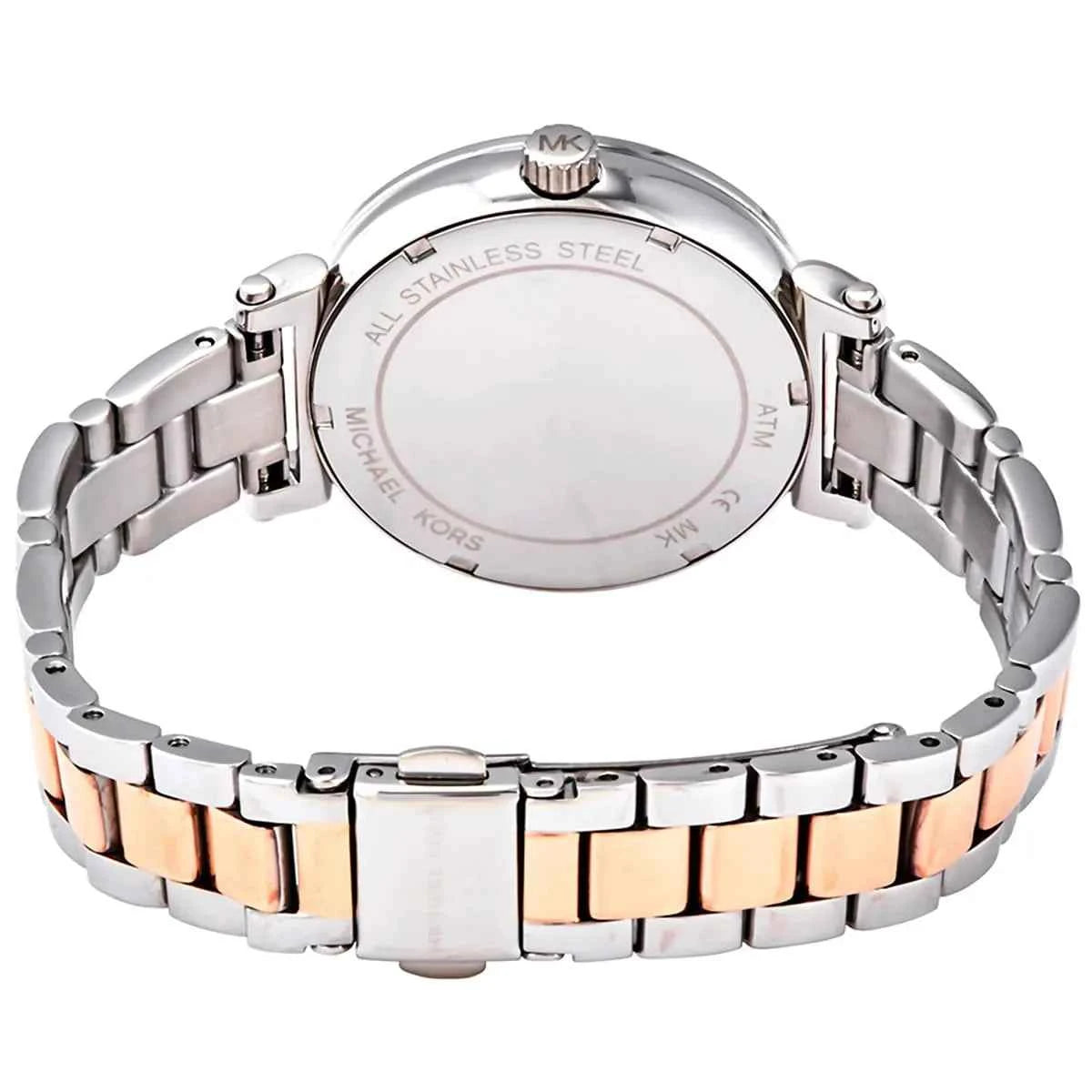 Back view of Michael Kors MK3972 quartz watch with stainless steel case