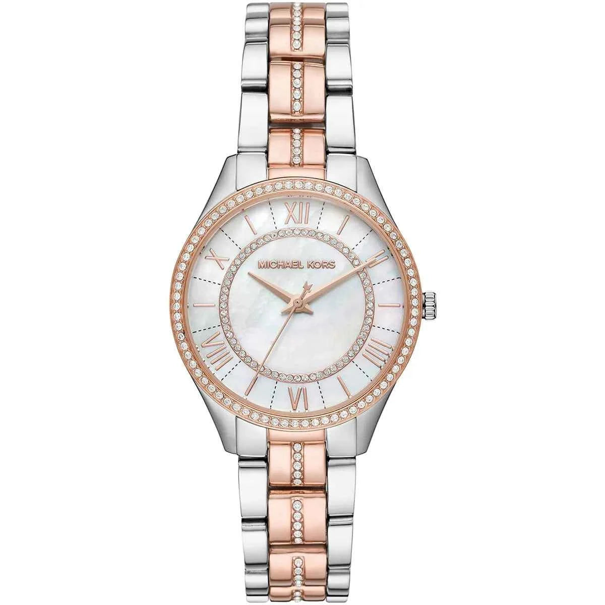 Front view of Michael Kors Lauryn MK3979 women's silver and rose gold stainless steel watch