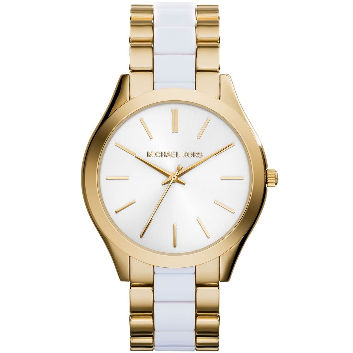 Michael Kors Slim Runway MK4295 women's white dial gold and white stainless steel watch front view