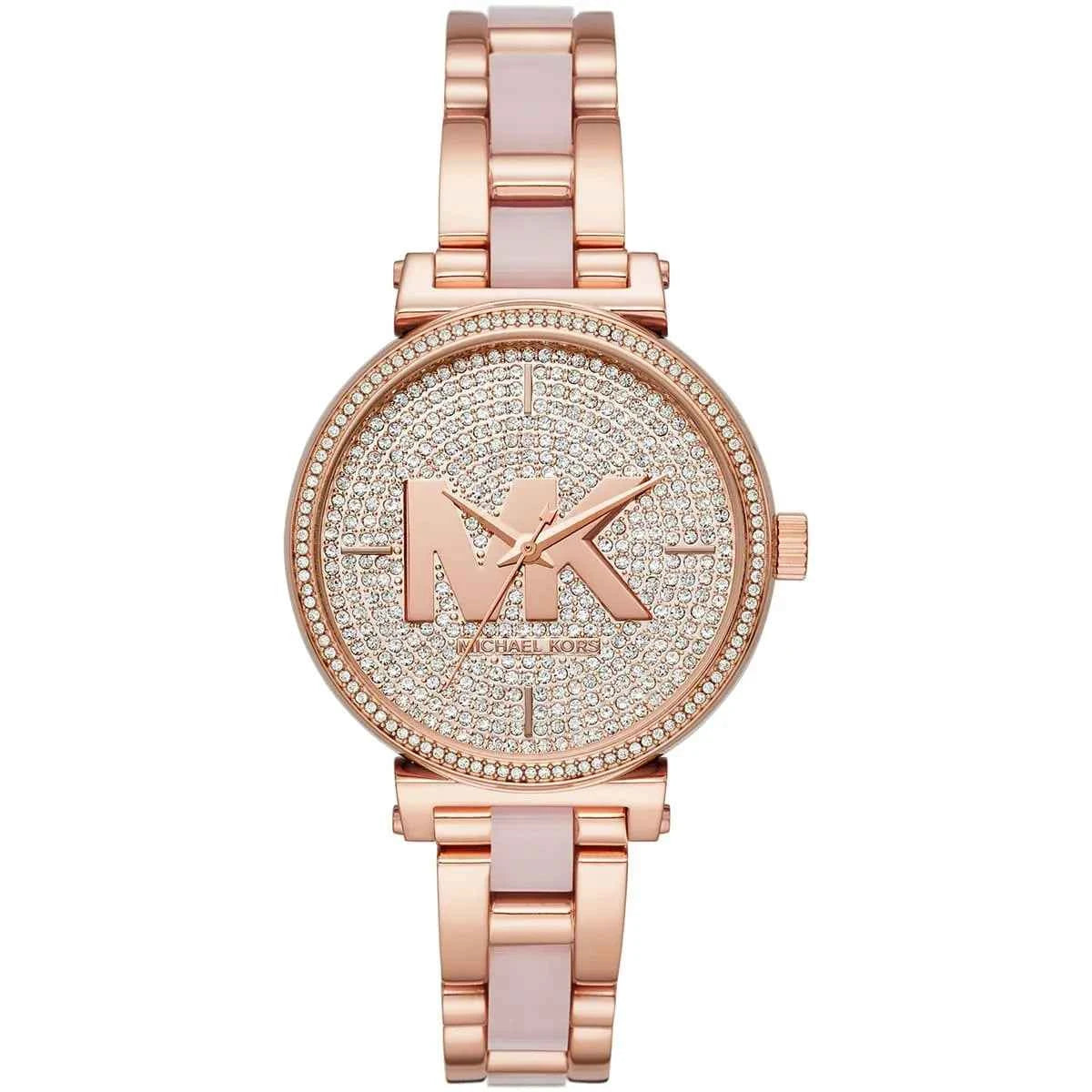 Michael Kors Sofie MK4336 women's rose gold dial pink and rose gold stainless steel watch front view
