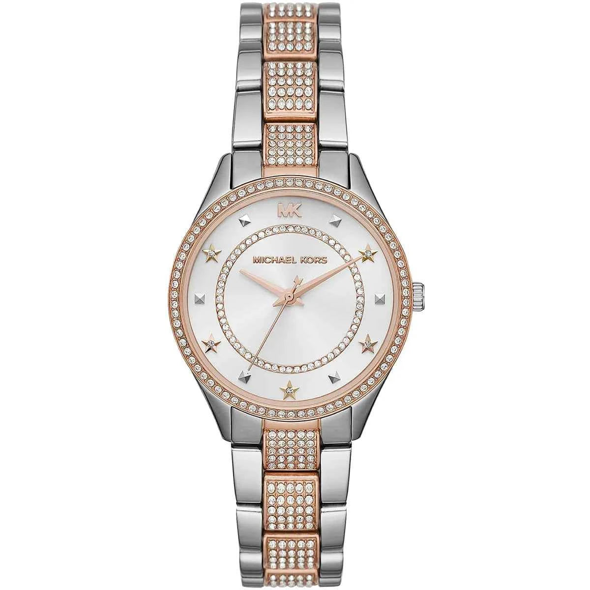 Michael Kors Lauryn MK4388 women's white dial silver and rose gold stainless steel watch front view