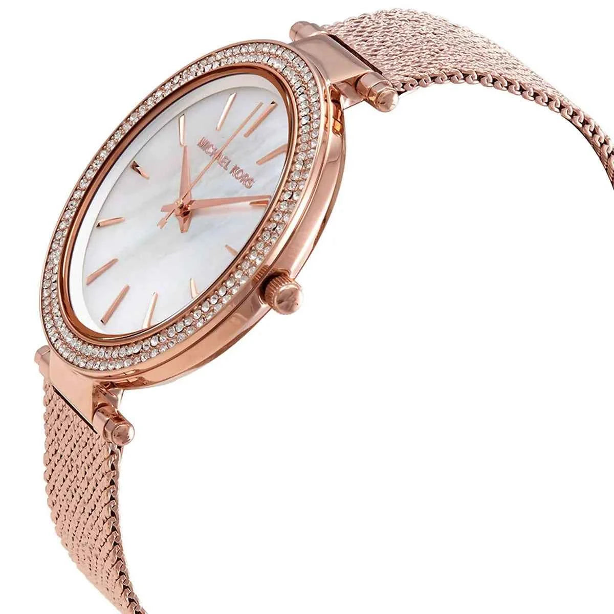 Side profile of Michael Kors Darci MK4519 rose gold stainless steel watch