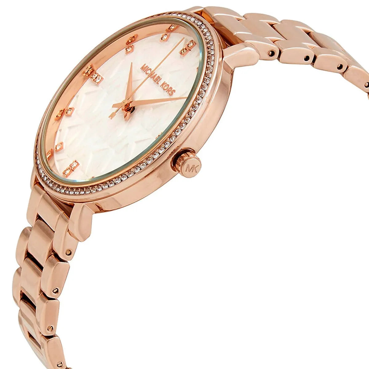 Side profile of Michael Kors Pyper MK4594 rose gold stainless steel watch